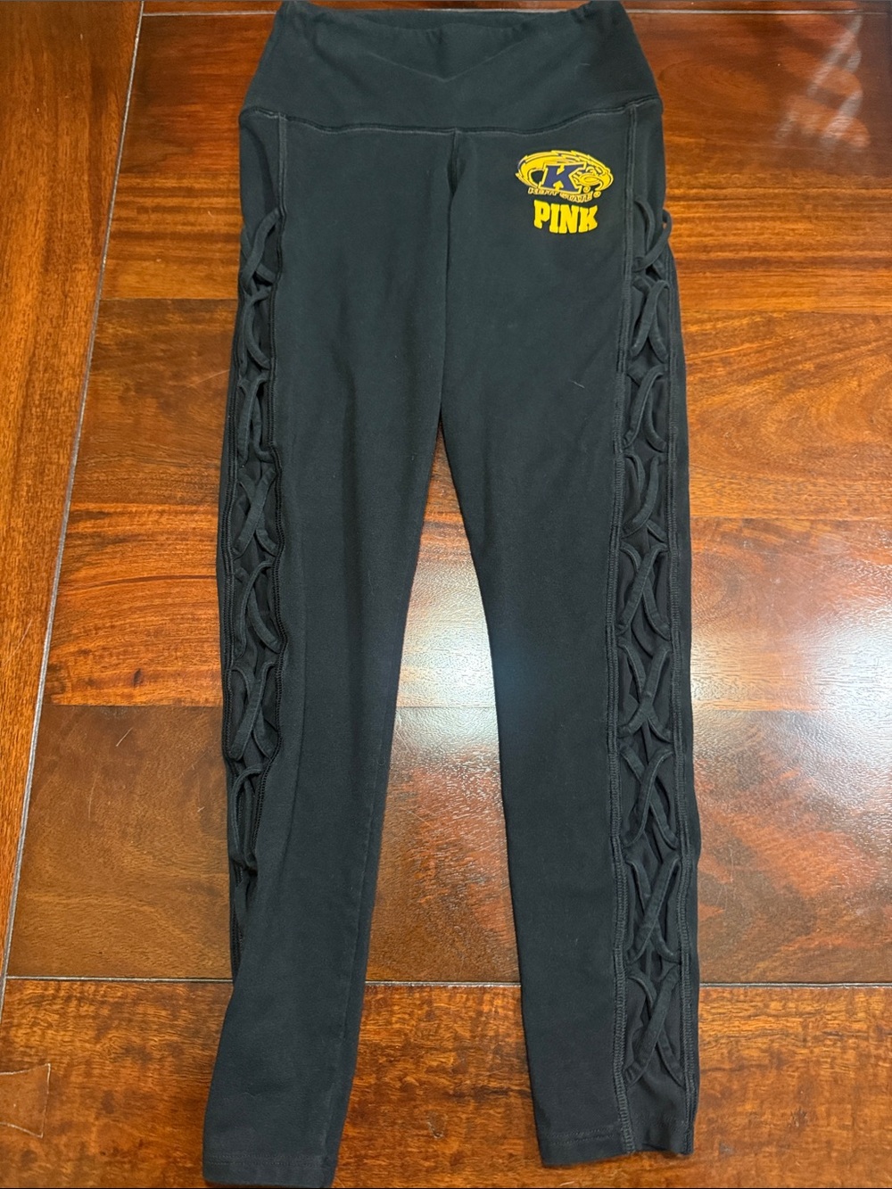 PINK Victoria's Secret Black Leggings with Yellow KSU Logo and Side Cutouts